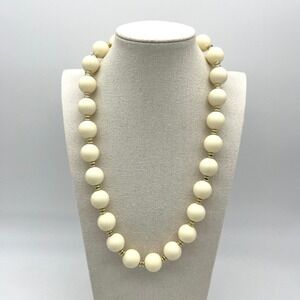Vintage Beaded Necklace Cream Round Beads‎ Gold Accents Costume Jewelry